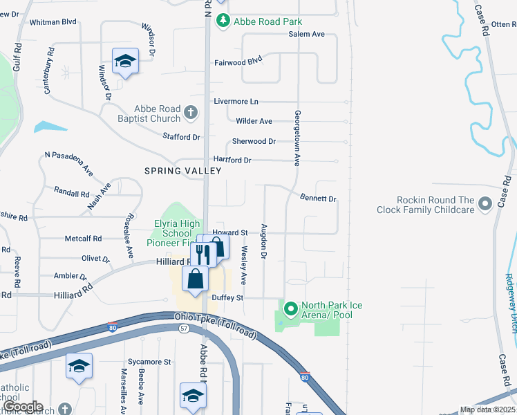 map of restaurants, bars, coffee shops, grocery stores, and more near 612 Augdon Drive in Elyria