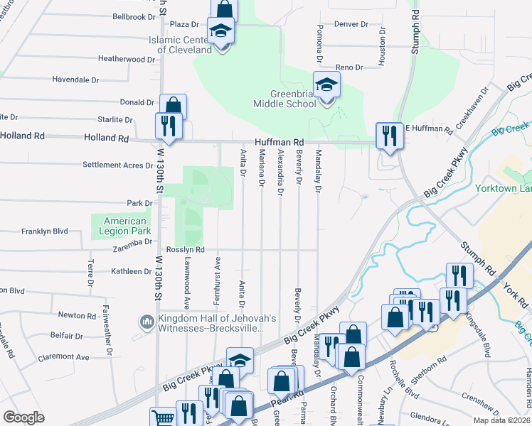 map of restaurants, bars, coffee shops, grocery stores, and more near 6352 Mariana Drive in Parma Heights