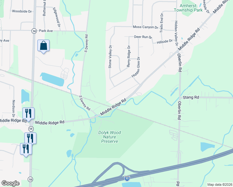 map of restaurants, bars, coffee shops, grocery stores, and more near 45487 Old Middle Ridge Road in Amherst