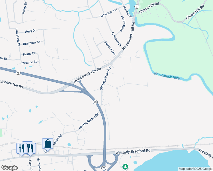 map of restaurants, bars, coffee shops, grocery stores, and more near 7 Schilke Drive in Westerly
