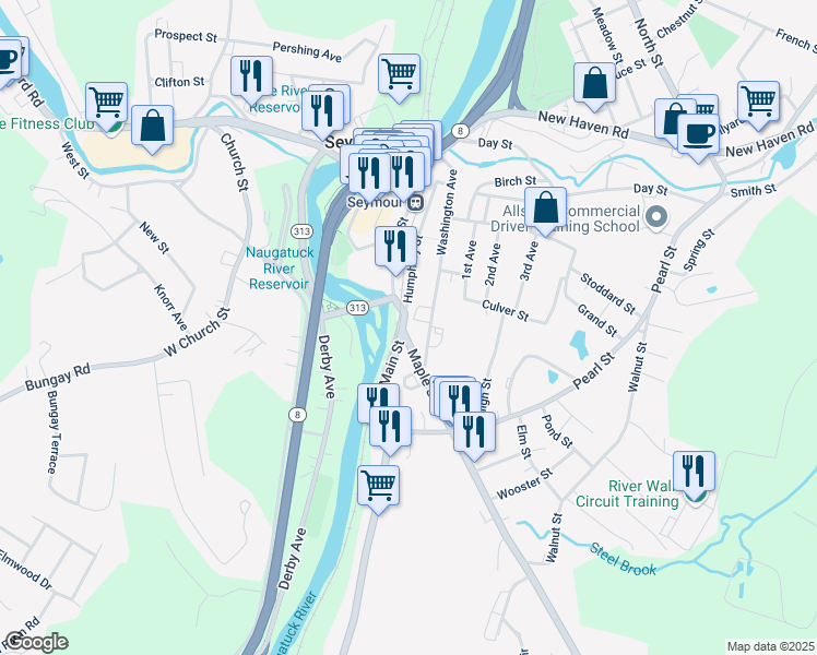 map of restaurants, bars, coffee shops, grocery stores, and more near 7 Maple Street in Seymour