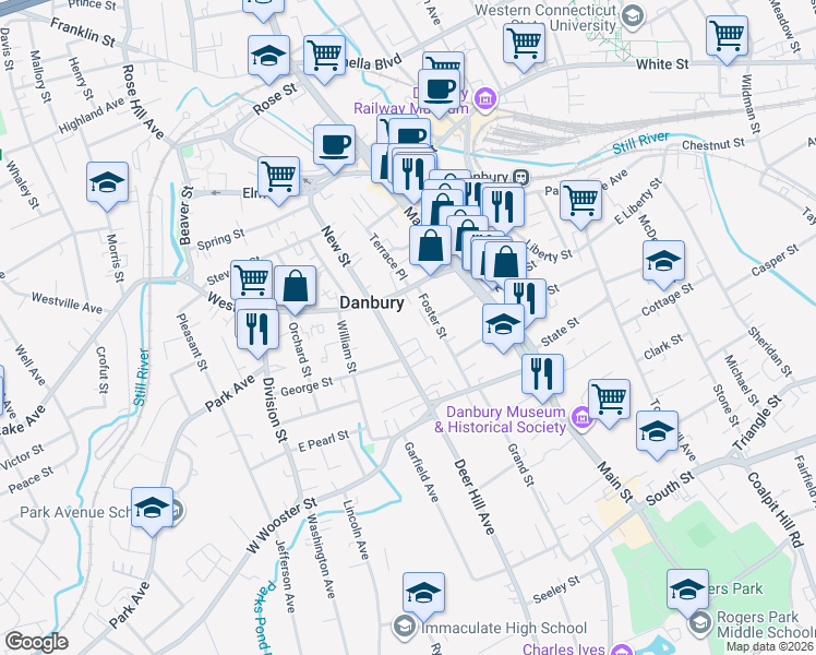 map of restaurants, bars, coffee shops, grocery stores, and more near in Danbury