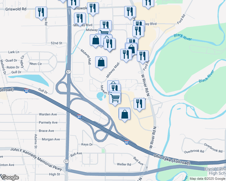 map of restaurants, bars, coffee shops, grocery stores, and more near 380 Market Drive in Elyria