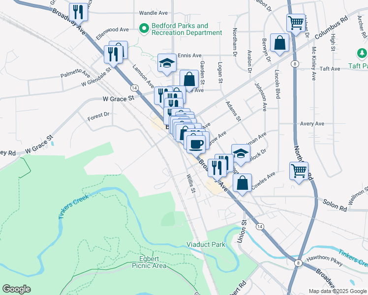 map of restaurants, bars, coffee shops, grocery stores, and more near 17 North Park Street in Bedford
