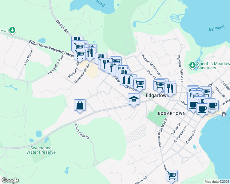 map of restaurants, bars, coffee shops, grocery stores, and more near 43 Pinehurst Road in Edgartown