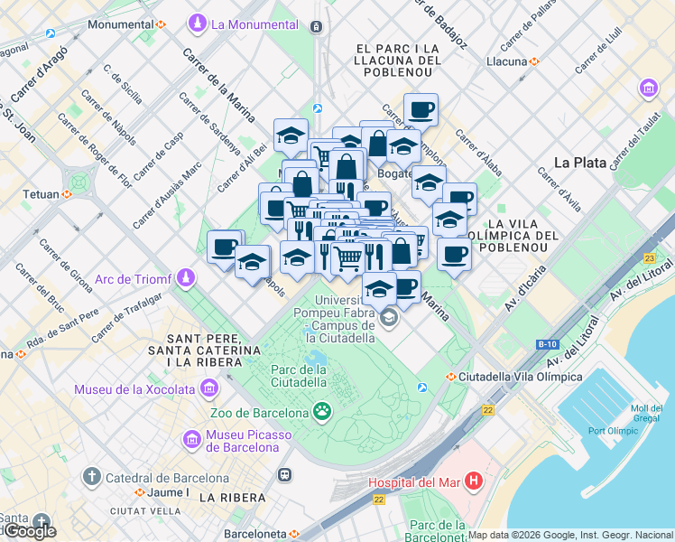 map of restaurants, bars, coffee shops, grocery stores, and more near 8 Carrer de Pujades in Barcelona