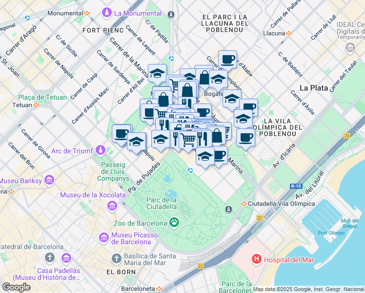 map of restaurants, bars, coffee shops, grocery stores, and more near 8 Carrer de Pujades in Barcelona