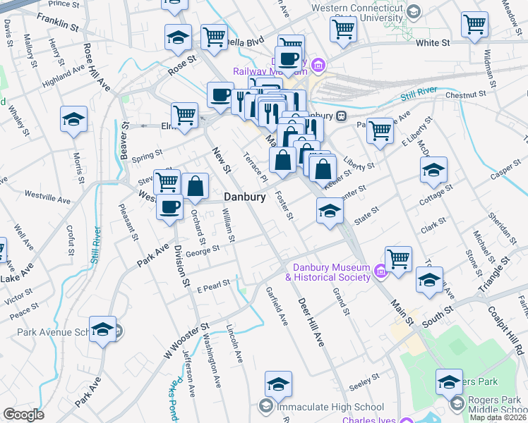 map of restaurants, bars, coffee shops, grocery stores, and more near 155 Deer Hill Avenue in Danbury