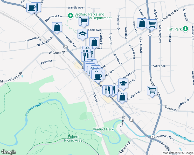 map of restaurants, bars, coffee shops, grocery stores, and more near 25 Tarbell Avenue in Bedford