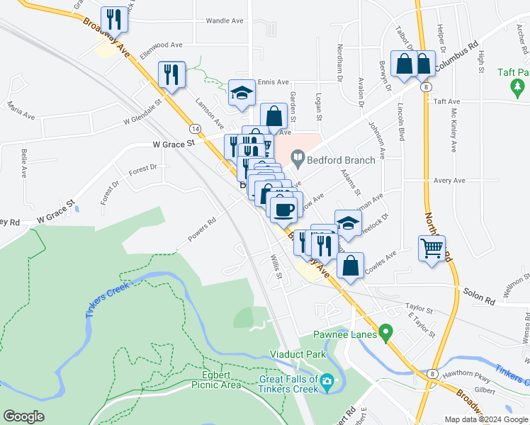 map of restaurants, bars, coffee shops, grocery stores, and more near 25 Tarbell Avenue in Bedford