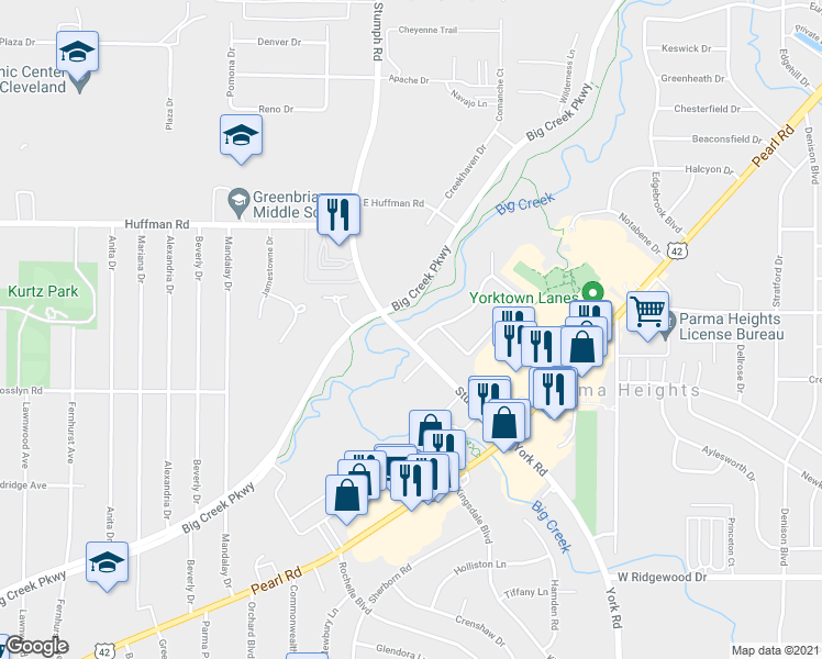 map of restaurants, bars, coffee shops, grocery stores, and more near 6327 Stumph Rd in Parma Heights