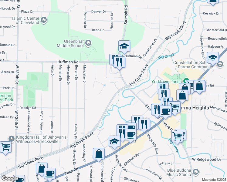 map of restaurants, bars, coffee shops, grocery stores, and more near 12205 Emma Lane in Parma Heights