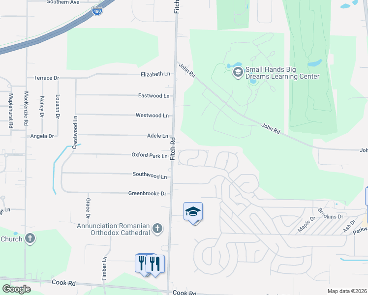 map of restaurants, bars, coffee shops, grocery stores, and more near 6735 Fitch Road in Cuyahoga County
