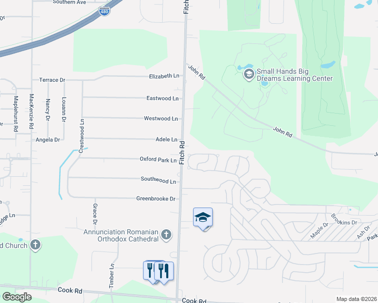 map of restaurants, bars, coffee shops, grocery stores, and more near 6735 Fitch Road in Cuyahoga County