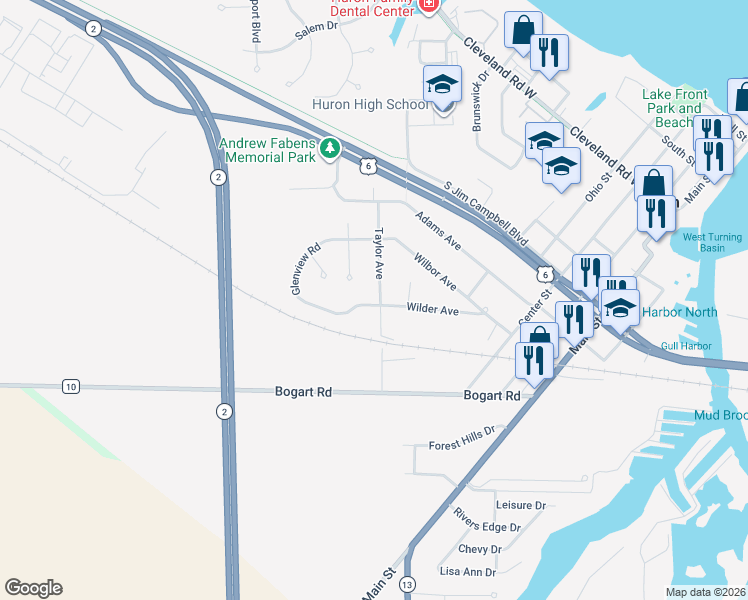 map of restaurants, bars, coffee shops, grocery stores, and more near 735 Taylor Avenue in Huron