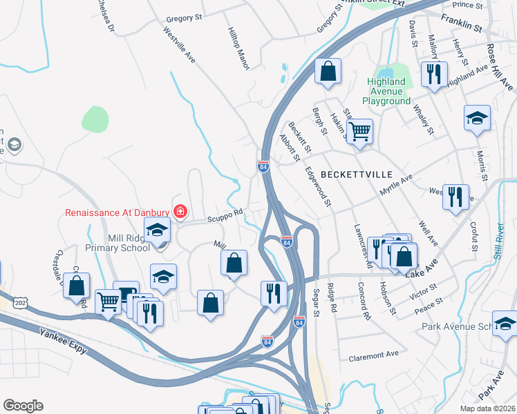 map of restaurants, bars, coffee shops, grocery stores, and more near 8 Scuppo Road in Danbury