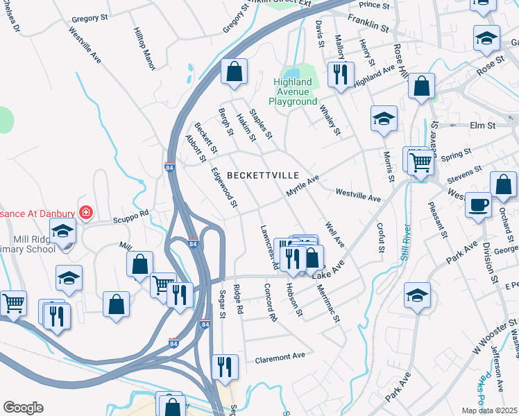 map of restaurants, bars, coffee shops, grocery stores, and more near 54 Myrtle Avenue in Danbury