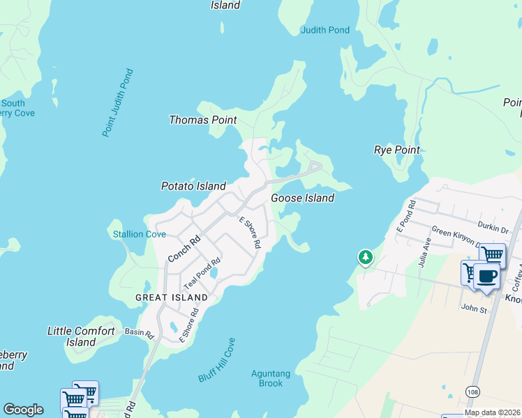 map of restaurants, bars, coffee shops, grocery stores, and more near 34 Goose Island Road in Narragansett