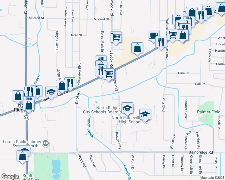 map of restaurants, bars, coffee shops, grocery stores, and more near 35095 Center Ridge Road in North Ridgeville