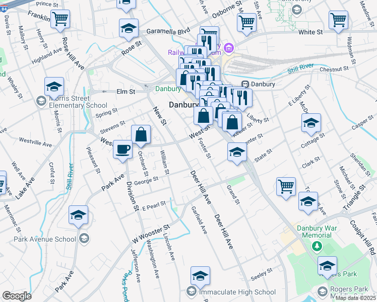 map of restaurants, bars, coffee shops, grocery stores, and more near 155 Deer Hill Avenue in Danbury