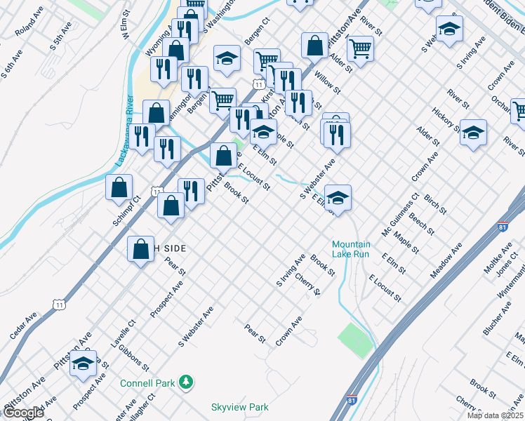 map of restaurants, bars, coffee shops, grocery stores, and more near 621 Brook Street in Scranton