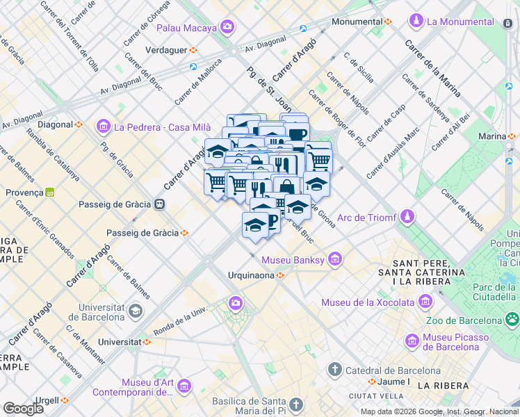 map of restaurants, bars, coffee shops, grocery stores, and more near 639 Gran Via de les Corts Catalanes in Barcelona