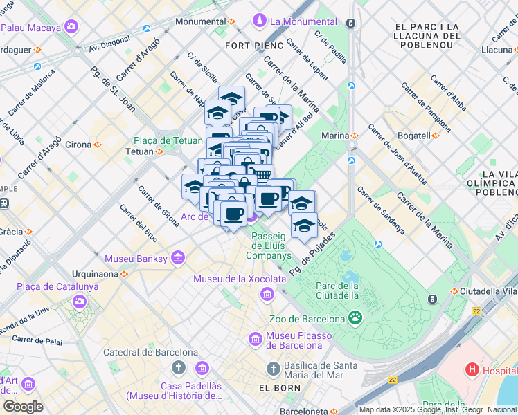 map of restaurants, bars, coffee shops, grocery stores, and more near 8 Avinguda de Vilanova in Barcelona