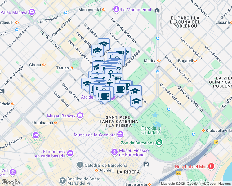 map of restaurants, bars, coffee shops, grocery stores, and more near 8 Avinguda de Vilanova in Barcelona