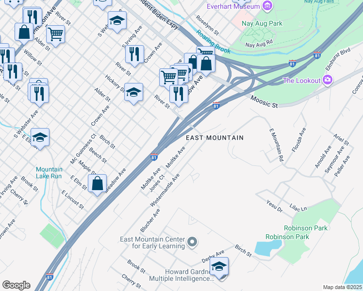 map of restaurants, bars, coffee shops, grocery stores, and more near Interstate 81 in Scranton