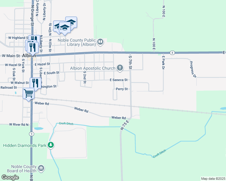 map of restaurants, bars, coffee shops, grocery stores, and more near Perry Street in Albion