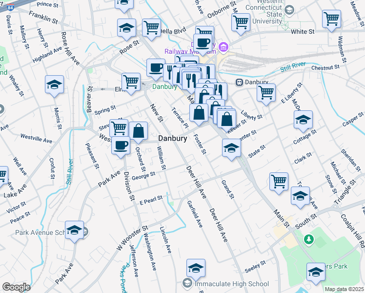 map of restaurants, bars, coffee shops, grocery stores, and more near 155 Deer Hill Avenue in Danbury