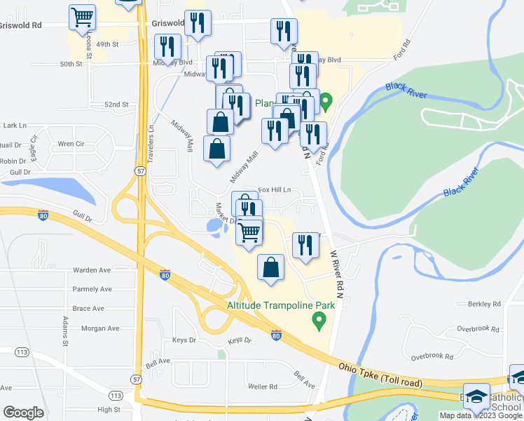 map of restaurants, bars, coffee shops, grocery stores, and more near 28 Potomac Lane in Elyria