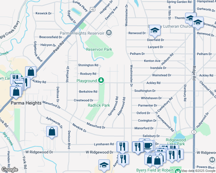 map of restaurants, bars, coffee shops, grocery stores, and more near 6314 Nelwood Road in Parma Heights