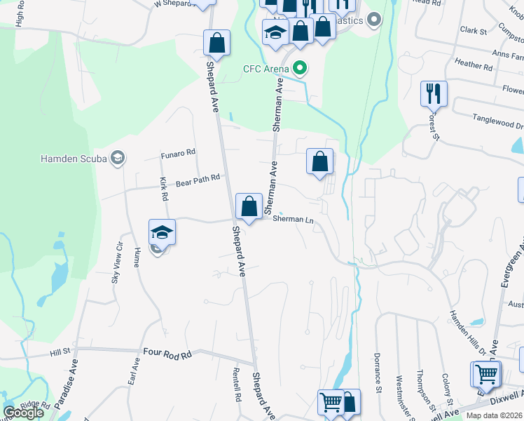 map of restaurants, bars, coffee shops, grocery stores, and more near 1225 Sherman Avenue in Hamden