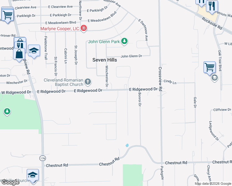 map of restaurants, bars, coffee shops, grocery stores, and more near 1616 East Ridgewood Drive in Seven Hills