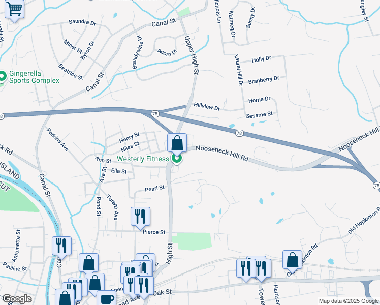 map of restaurants, bars, coffee shops, grocery stores, and more near 2 Wilgis Drive in Westerly