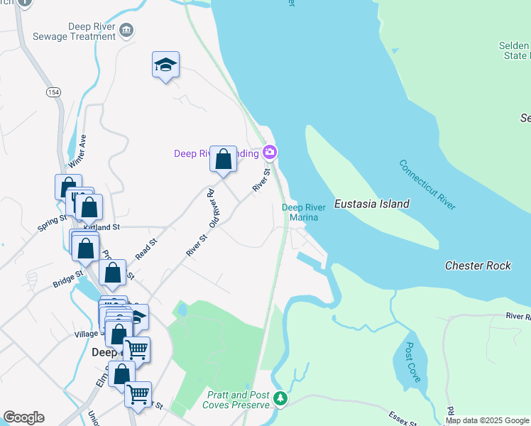 map of restaurants, bars, coffee shops, grocery stores, and more near 137 River Street in Deep River