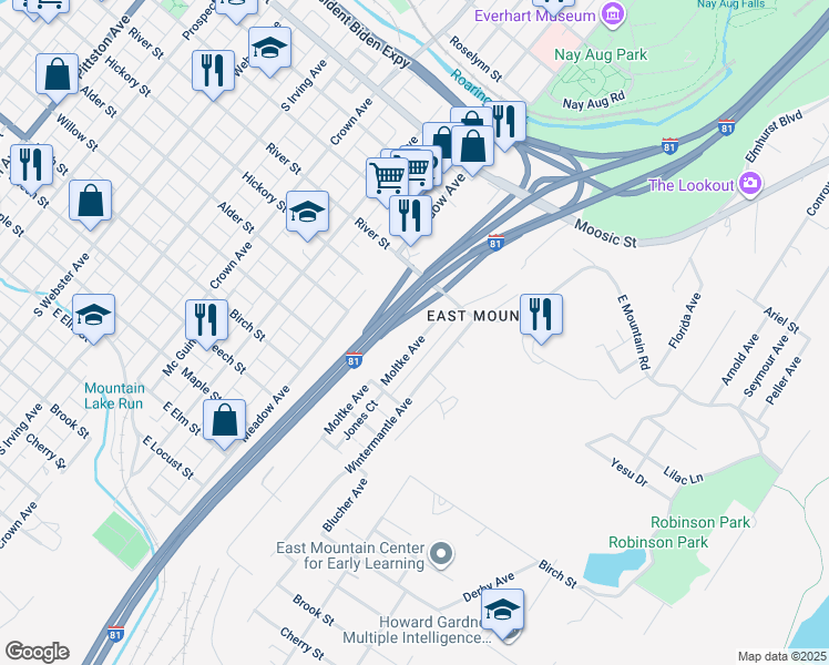 map of restaurants, bars, coffee shops, grocery stores, and more near Interstate 81 in Scranton