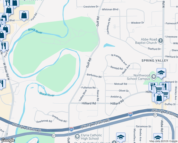 map of restaurants, bars, coffee shops, grocery stores, and more near 1033 Gulf Road in Elyria