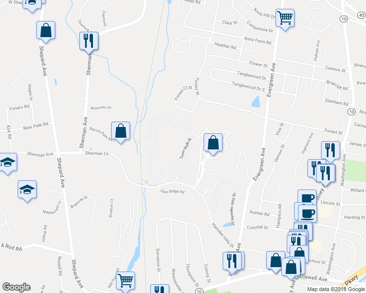map of restaurants, bars, coffee shops, grocery stores, and more near 27101 Town Walk Drive in Hamden