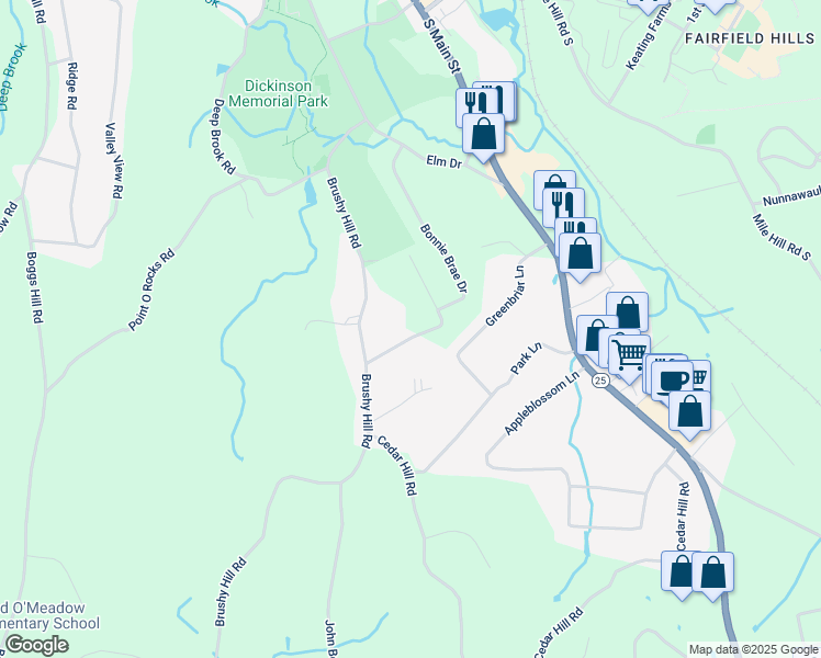 map of restaurants, bars, coffee shops, grocery stores, and more near 31A Brushy Hill Road in Newtown
