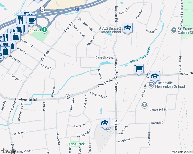 map of restaurants, bars, coffee shops, grocery stores, and more near 42 Susan Lane in North Haven