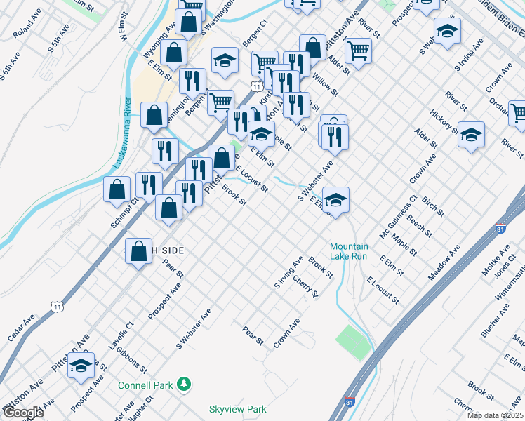 map of restaurants, bars, coffee shops, grocery stores, and more near 621 Brook Street in Scranton