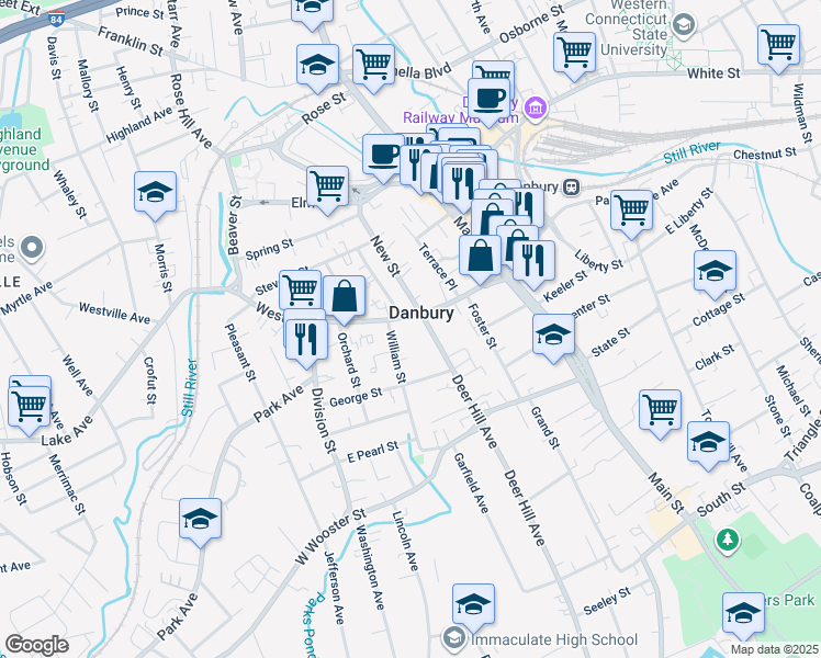 map of restaurants, bars, coffee shops, grocery stores, and more near in Danbury