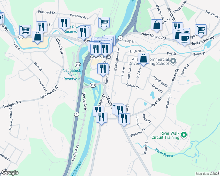 map of restaurants, bars, coffee shops, grocery stores, and more near 14 Humphrey Street in Seymour