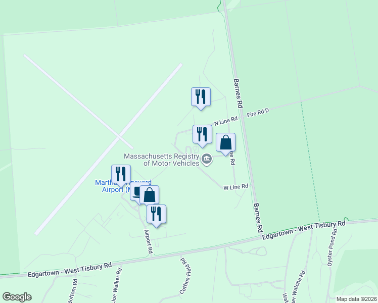 map of restaurants, bars, coffee shops, grocery stores, and more near Fire Road 55 in Edgartown