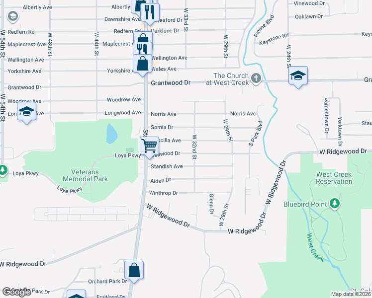 map of restaurants, bars, coffee shops, grocery stores, and more near 3207 Priscilla Avenue in Parma