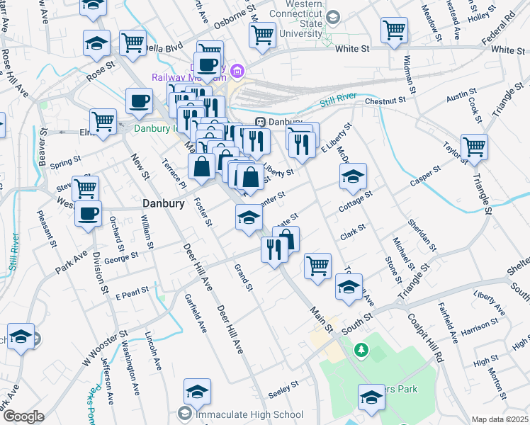 map of restaurants, bars, coffee shops, grocery stores, and more near 129 Main Street in Danbury