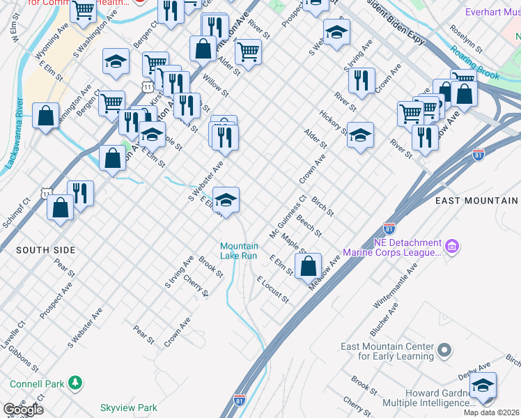 map of restaurants, bars, coffee shops, grocery stores, and more near 834 Beech Street in Scranton