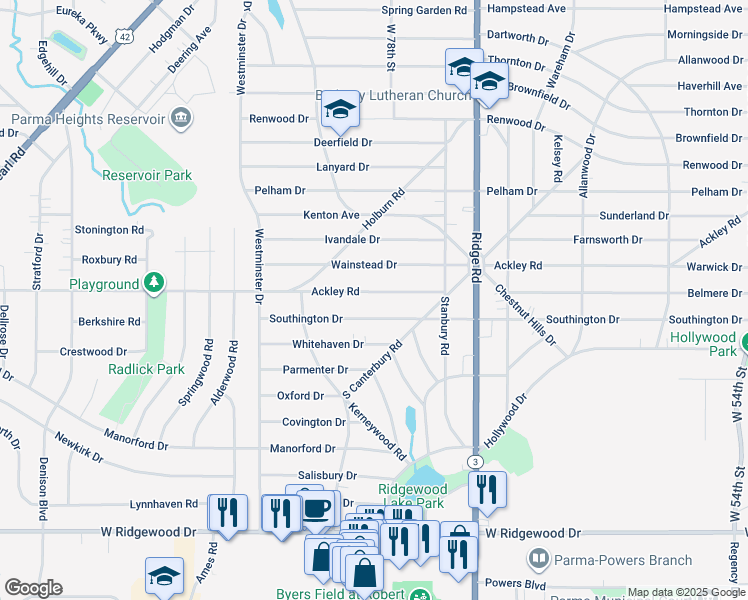 map of restaurants, bars, coffee shops, grocery stores, and more near 7916 Ackley Road in Parma